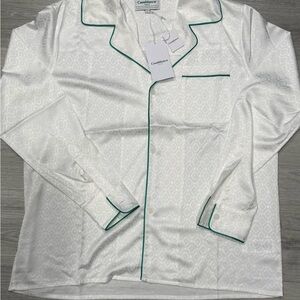 Long sleeve White Silk Shirt with Green Trim